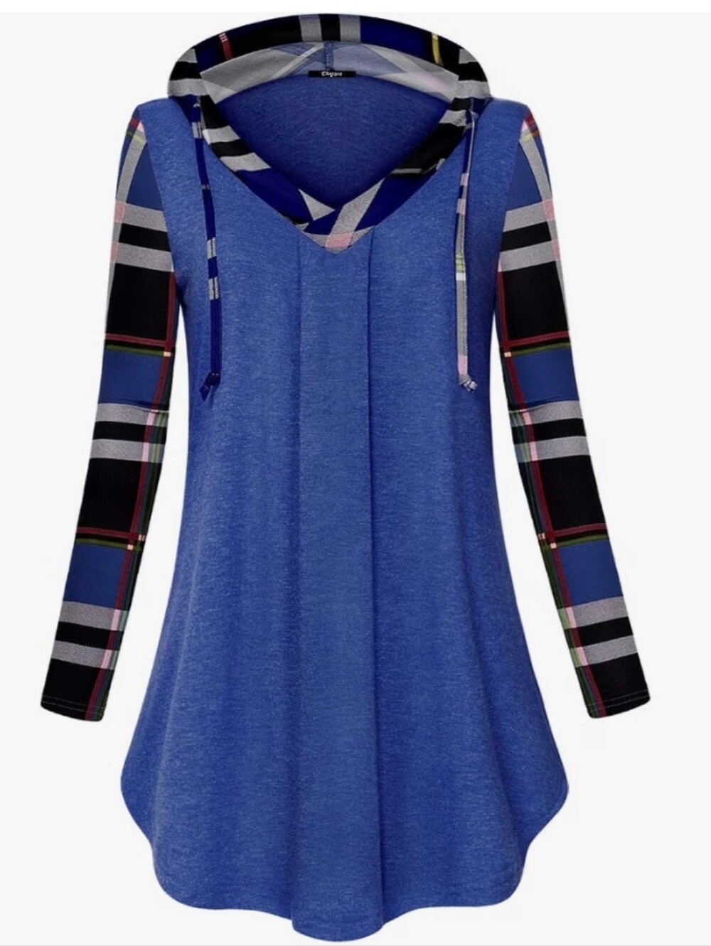 Women's Blue Hooded Plaid-Sleeve Tunic Top